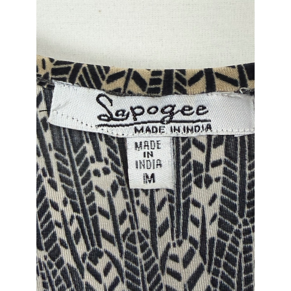 Sapogee Women Dress M Tan Black Geometric Leaf Smocked Waist Ruffle Bell Sleeve - Picture 3 of 14
